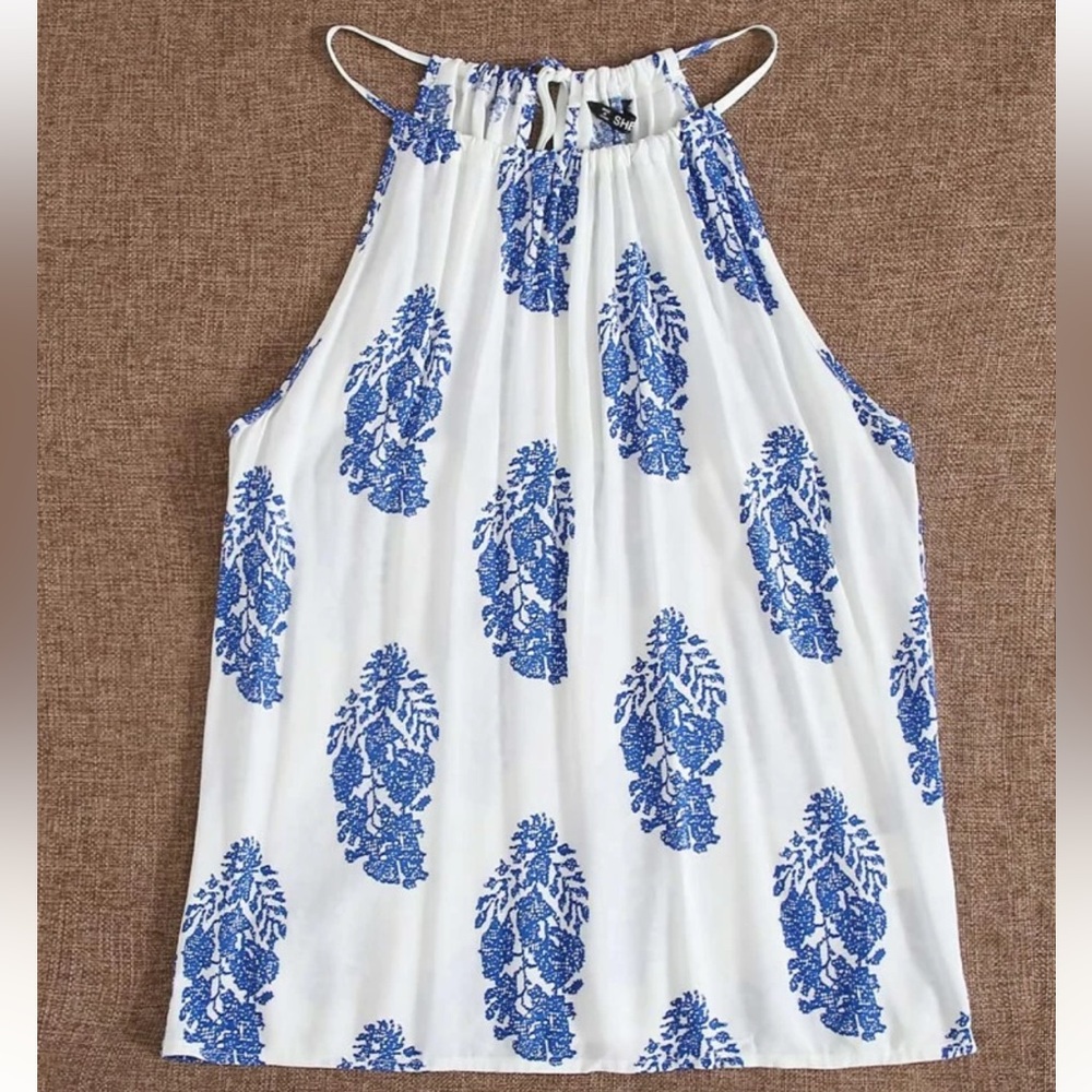SHEIN White and Blue Floral Tank Top